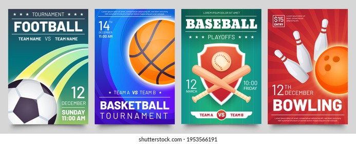 Volante de juegos deportivos. Carteles de baloncesto, béisbol, partidos de fútbol y campeonatos de bolos. Juego de vectores de plantillas de banner para eventos de juego de bolas y fútbol. Anuncio de campeonato o competencia