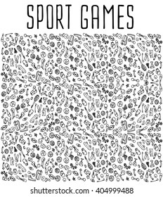 Sport games hand drawn seamless pattern. Backgrounds, wrapping, wallpapers, textile prints. Vector illustration of doodle elements