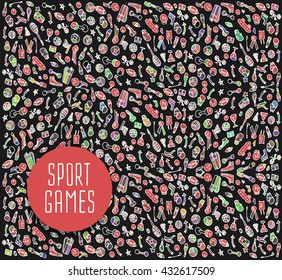 Sport games hand drawn seamless logo. Backgrounds, wrapping, wallpapers, textile prints. Vector illustration of doodle