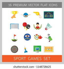 Sport Games Icon Set. Champions Cup Table Tennis Swimming Sport Whistle Scoreboard Shuttlecock Golf Clubs Basketball Field Dart Basketball Hoop Football Gate Darts Target Golf