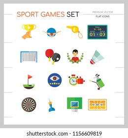 Sport Games Icon Set. Champions Cup Table Tennis Swimming Sport Whistle Scoreboard Shuttlecock Golf Clubs Basketball Field Dart Basketball Hoop Football Gate Darts Target Golf