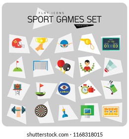 Sport Games Icon Set. Champions Cup Table Tennis Swimming Sport Whistle Scoreboard Shuttlecock Golf Clubs Basketball Field Dart Basketball Hoop Football Gate Darts Target Golf