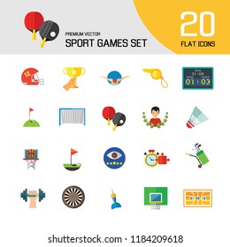 Sport Games Icon Set. Champions Cup Table Tennis Swimming Sport Whistle Scoreboard Shuttlecock Golf Clubs Basketball Field Dart Basketball Hoop Football Gate Darts Target Golf