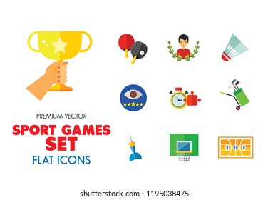 Sport Games Icon Set. Champions Cup Table Tennis Swimming Sport Whistle Scoreboard Shuttlecock Golf Clubs Basketball Field Dart Basketball Hoop Football Gate Darts Target Golf