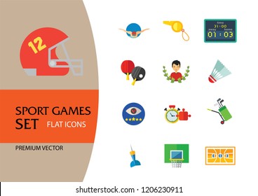 Sport Games Icon Set. Champions Cup Table Tennis Swimming Sport Whistle Scoreboard Shuttlecock Golf Clubs Basketball Field Dart Basketball Hoop Football Gate Darts Target Golf