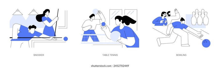 Juegos deportivos aislados conjunto de Ilustraciones vectoriales de dibujos animados. Pareja feliz juega al billar juntos, amigos diversos juegan al tenis de mesa, grupo de personas en el club de bolos, tiempo libre actividad Vector de dibujos animados.