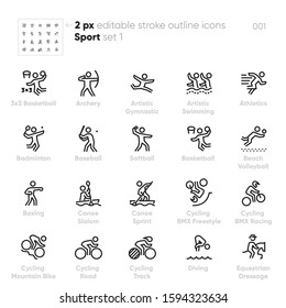 Sport and Games outline vector icons. Basketball, Artistic Gymnastic, Swimming, Baseball, Beach Volleyball, Boxing, Canoe Slalom, Cycling BMX Racing, Mountain Bike, Equestrian Dressage. Pixel Perfect