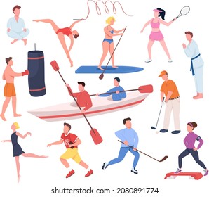 Sport games semi flat color vector character set. Posing figures. Full body people on white. Activity isolated modern cartoon style illustration for graphic design and animation collection