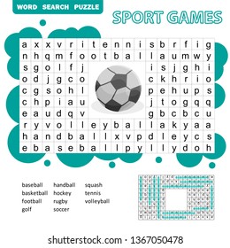 Sport Games Themed Word Search Puzzle For Kids. Answer Included. Fun Education Game For Kids, Preschool Worksheet Activity, Vector Illustration