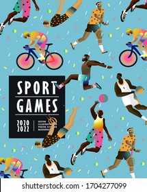 Sport games. Vector illustration of athletes: cycling, tennis, basketball, volleyball, athletics. Competition drawing for poster, background or cover.
 
