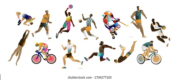 Sport Games! Vector illustration of different athletes: hockey, basketball, volleyball, tennis, runner, cycling, gymnastic, players, sportsman. Set of character design for card, background or poster