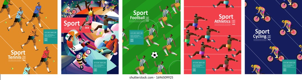 Sport games! Vector illustrations of athletes, tennis, football, running, jumping, athletics and cycling. Drawings for poster, banner and background.
 
