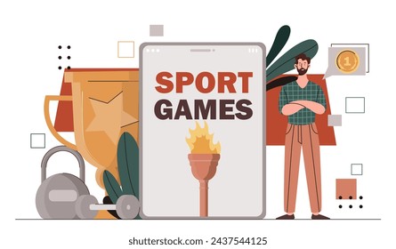 Sport games winner. Man with athletic equipment. Dumbbell and kettlebell. Active lifestyle and fitness, workout and training. Cartoon flat vector illustration isolated on white background