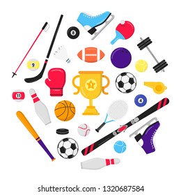 Sport gaming composition with balls - soccer, football, basketball. Trophy cup goblet tennis and ping pong racket around. Sport equipment flat style design vector illustration isolated on white.
