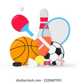 Sport gaming composition with balls - soccer, football, basketball. Bowling skittle, tennis and ping pong racket, puck etc... Sport equipment flat style design vector illustration isolated on white.