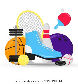 Sport gaming composition with balls - tennis, bowling, basketball. Ice skating shoes and ping pong racket, puck etc... Sport equipment flat style design vector illustration isolated on white.