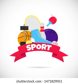 Sport gaming composition with balls - tennis, bowling, basketball. Ice skating shoes and ping pong racket, puck etc... Sport equipment flat style design vector illustration isolated on white.