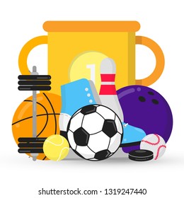 Sport gaming composition with cup, balls - soccer, tennis, bowling, basketball. Ice skating shoes and puck etc... Sport equipment flat style design vector illustration isolated on white.