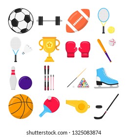 Sport gaming composition set with balls - soccer, football, basketball. Trophy cup goblet tennis, badminton and ping pong rackets.  Sport equipment flat style design vector isolated on white.