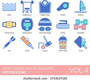 Sport gears and accessories icons including water, weight bench, scales, whistle, windsurf, champion, boxing helmet, swimming goggles, curling, dumbbells, dart, cricket, croquet, protein shake, pickle