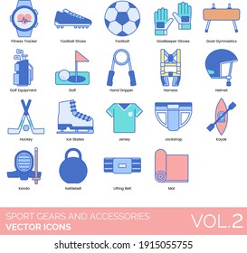 Sport gears and accessories icons including fitness tracker, football shoes, goalkeeper gloves, goat gymnastics, golf equipment, hand gripper, harness, hockey, ice skate, jersey, jockstrap, kettlebell