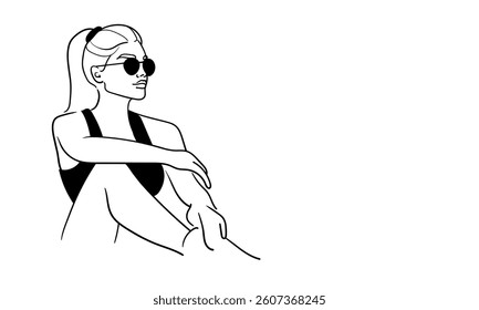 Sport girl with black glasses line art drawing. Girl narcissist, admires himself on white background. Vector illustration