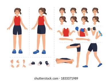 Sport girl cartoon character with various facial expressions, hand gestures, body and leg movement. Cartoon character for motion animation