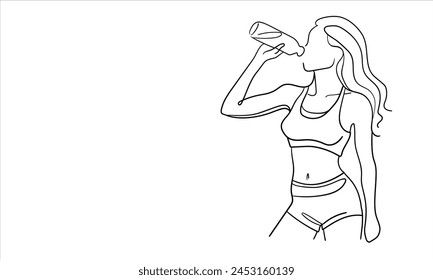 Sport girl drink water isolated on white background. Morning energy line art drawing. Vector illustration