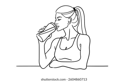 Sport girl drinks protein line art drawing. Girl narcissist, admires himself on white background. Vector illustration