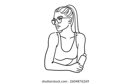 Sport girl drinks protein line art drawing. Girl narcissist, admires himself on white background. Vector illustration