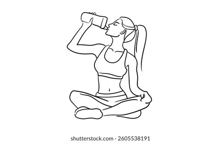 Sport girl drinks protein line art drawing. Girl narcissist, admires himself on white background. Vector illustration
