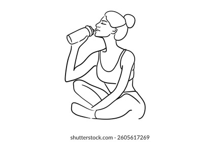 Sport girl drinks protein line art drawing. Girl narcissist, admires himself on white background. Vector illustration