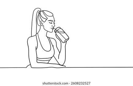 Sport girl drinks protein line art drawing. Girl narcissist, admires himself on white background. Vector illustration