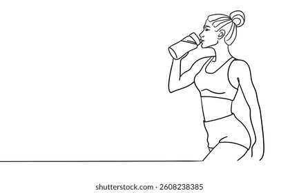 Sport girl drinks protein line art drawing. Girl narcissist, admires himself on white background. Vector illustration