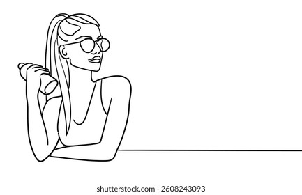 Sport girl drinks protein line art drawing. Girl narcissist, admires himself on white background. Vector illustration