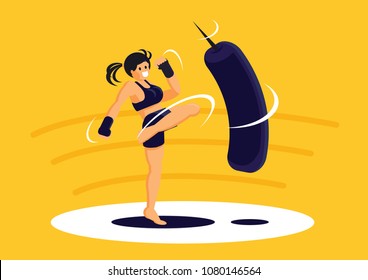 Sport Girl Exercise Muay Thai Training With Kneeling Boxing Sandbag For Health Vector Illustration