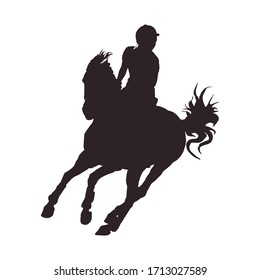 sport girl galloping on a horse in a field, on the grass, isolated image, black silhouette on a white background