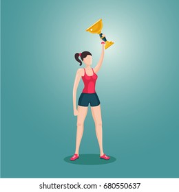 Sport girl holding award winner cup. Woman with prize. 3d cartoon female vector character.