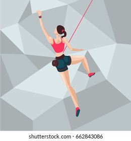 Sport girl on a climbing wall. Cartoon character illustration. Back view.