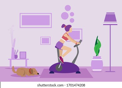 Sport girl on an exercise bike at home in the living room. Training apparatus for legs. Woman on a stationary bike. Keep calm during quarantine concept, vector illustration and copy space