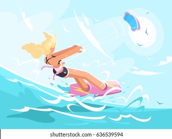 Sport girl on kite surfing