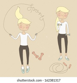 Sport girl on a vintage background. Cartoon vector illustration