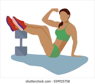 Sport girl put her foot on the dumbbell. Vector illustration on a white background. Women's sport.