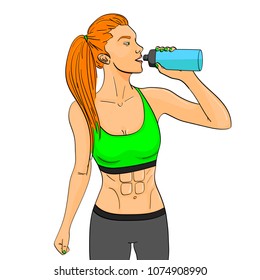Sport girl retro vector object on white background. Comic book style imitation. In sports clothes drinks water from a sports bottle