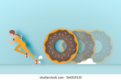Sport girl runaway from donut vector illustration 