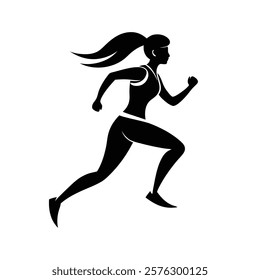 Sport girl running black logo. Marathon athlete silhouette isolated on white background 