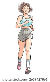 Sport girl running with a smile, active lifestyle. Athletic woman in sportswear and running shoes radiates energy and happiness. Ideal for fitness illustration, promoting wellness and healthy living.