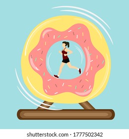 Sport girl running in strawberry donut wheel vector