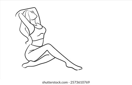 Sport girl sitting continuous line art drawing isolated on white background. Woman body aestnetic. Yoga, fitness, healthy line art. Vector illustration	