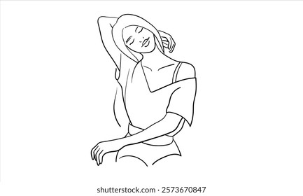 Sport girl sitting continuous line art drawing isolated on white background.  Woman body aestnetic. Yoga, fitness, healthy line art. Vector illustration	